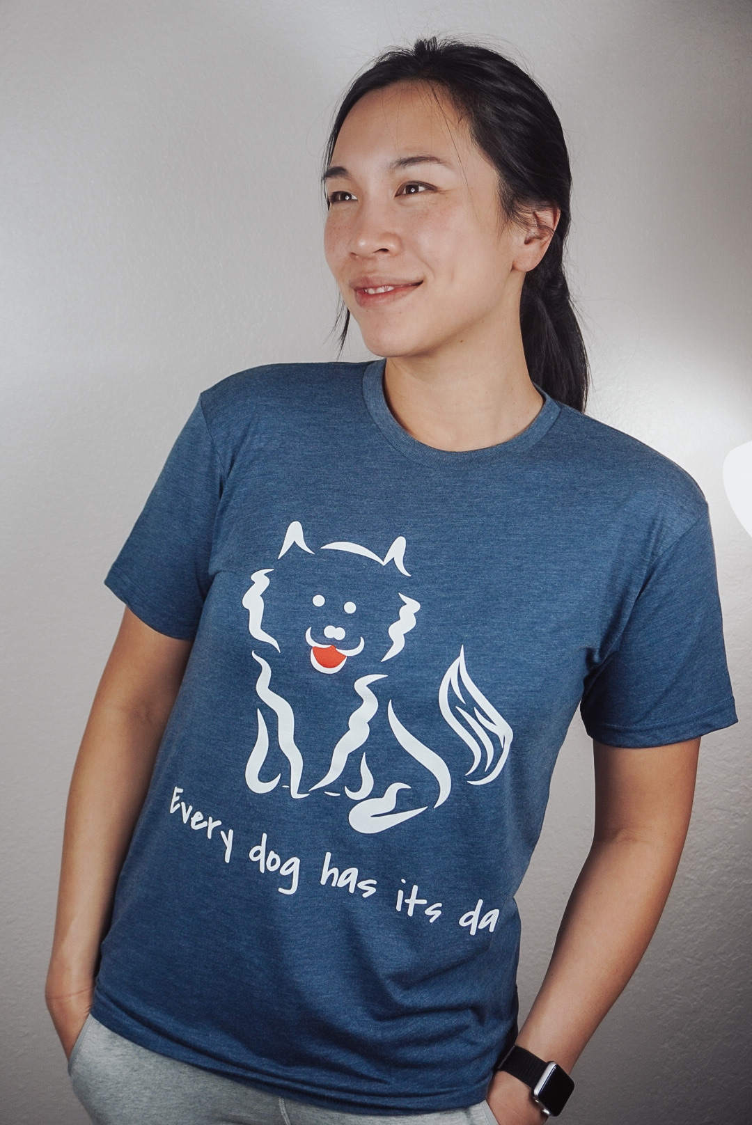 4.2 oz Triblend Unisex Next Level Indigo T-shirt with screen-printed Every Dog Has its Day self-designed Pomeranian graphic - Image 8