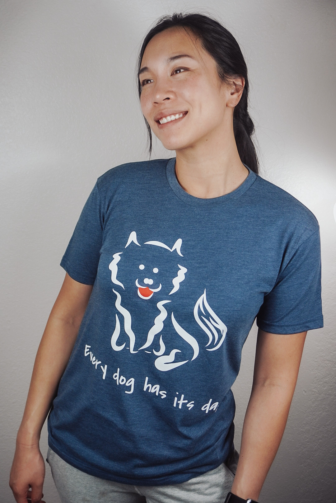 4.2 oz Triblend Unisex Next Level Indigo T-shirt with screen-printed Every Dog Has its Day self-designed Pomeranian graphic - Image 7