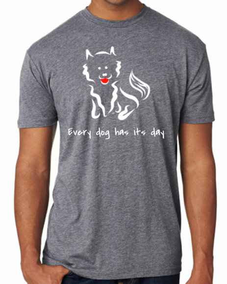 4.2 oz Triblend Unisex Next Level Indigo T-shirt with screen-printed Every Dog Has its Day self-designed Pomeranian graphic - Image 4